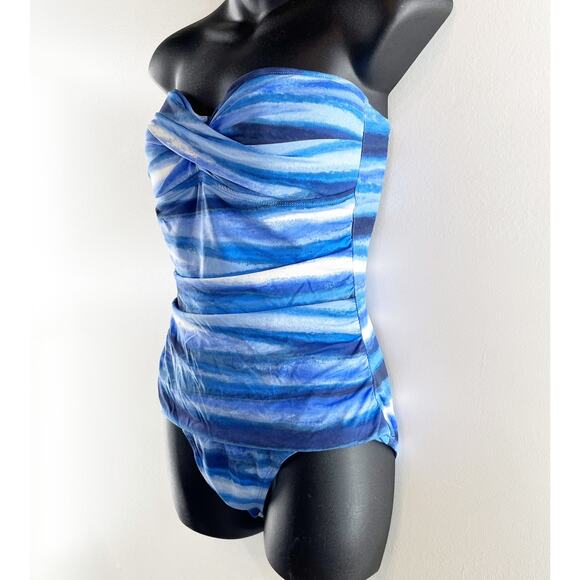 Tommy Bahama Ruched Strapless One Piece Swimsuit Blue 10 - Picture 4 of 5